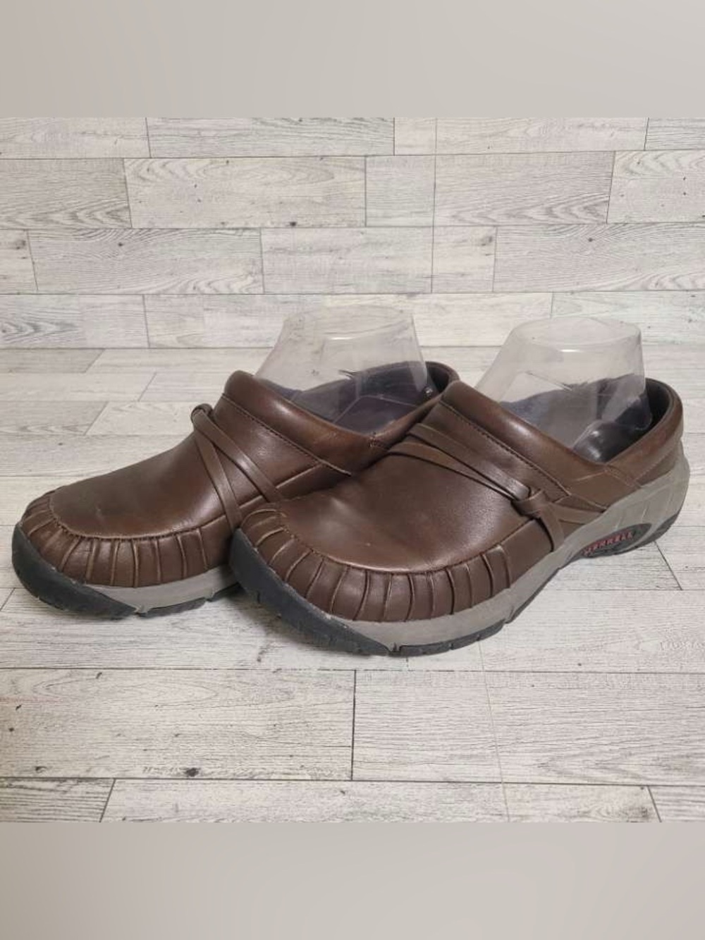 Women’s Merrell Encore Pleat Brown Leather Slip-on Clog Comfort Loafers Size 8